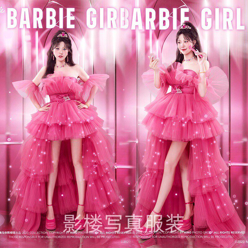 照相馆新款公主裙粉色多巴胺少女芭比风生日年会礼服抹胸婚纱蛋糕
