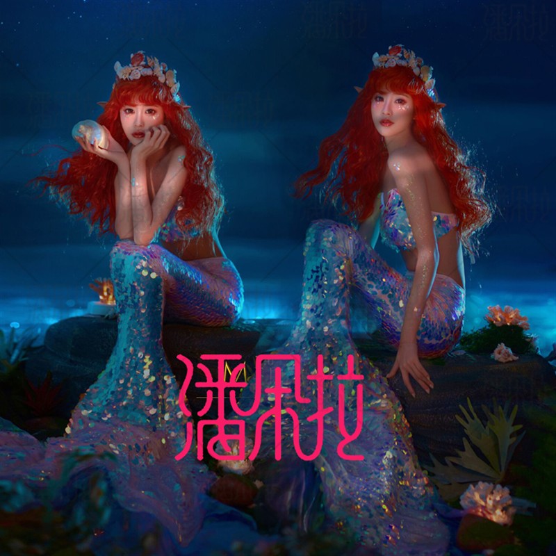 美人鱼写真主题服装时尚梦幻亮片鱼尾礼服海边旅拍艺术照摄影演出