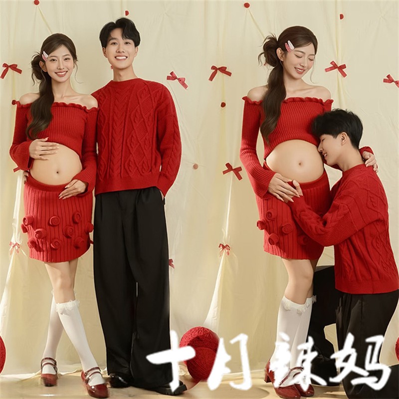 孕妇摄影服装照相馆耶诞主题情侣红色甜美风孕妈咪大肚照毛衣在家