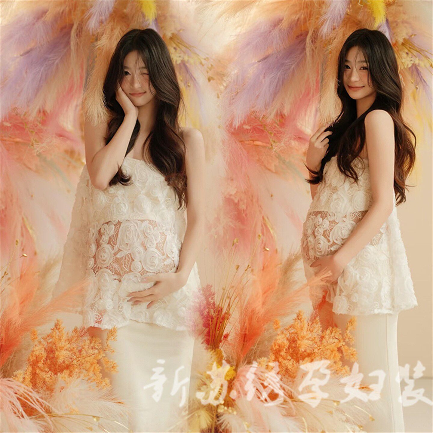 孕妇影楼新款写真主题法式油画风蕾丝连衣裙大肚照艺术摄影拍照服
