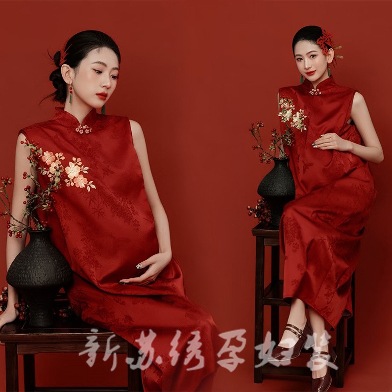 孕妇写真中式主题照相馆新款法式喜庆红色旗袍艺术照喜嫁婚纱摄影