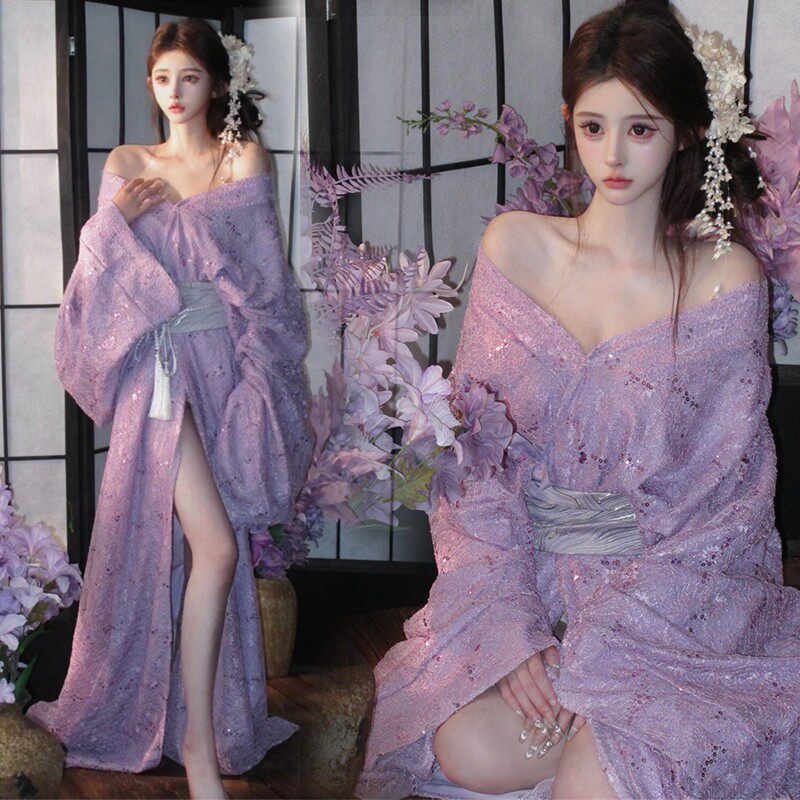 照相馆新款蕾丝战国袍紫色亮片汉服女直裾仙气古装写真艺术照摄影
