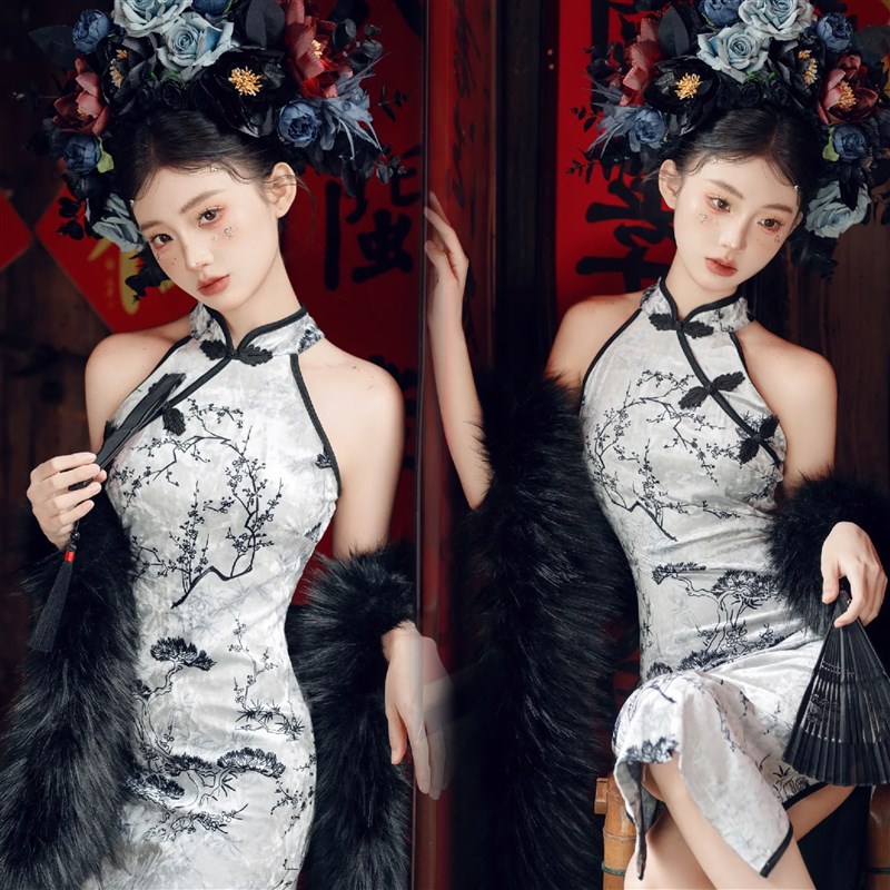 民族特色女簪花写真服装国风中式改良旗袍拍照复古旅拍摄影洋装