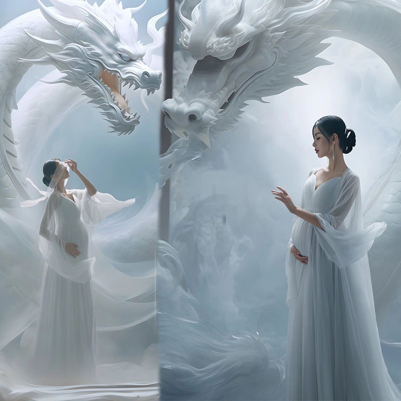 AI龙年孕妇拍照仙气白色雪纺礼服 适用影楼主题孕妈咪艺术照服装