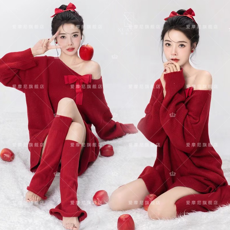 影楼秋冬新款新年圣诞写真主题服装红色毛衣个性女孩艺术照摄影服
