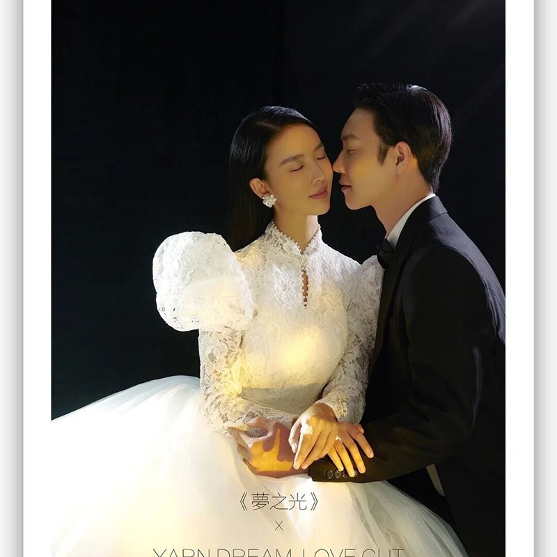新款影楼主题复古中式白色蕾丝婚纱情侣拍照旅拍礼服韩式长袖轻纱