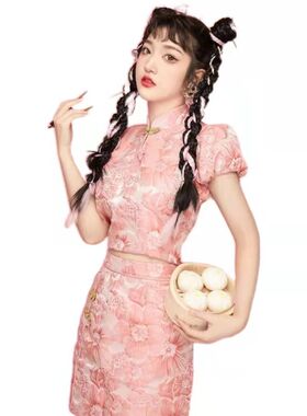 新款影楼服装新年喜庆粉色主题个人艺术照写真摄影主题拍照拜年服