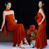 影楼新款 复古风孕妇服红色新年氛围感孕妈咪艺术照写真服装