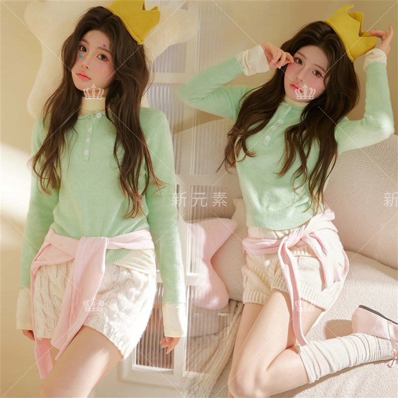 照相馆新款多巴胺甜美风绿色针织套装春季少女小清新写真摄影服装