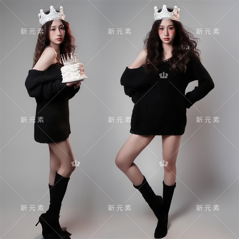 照相馆新款生日照主题黑色毛衣女慵懒风甜酷少女艺术照写真摄影服