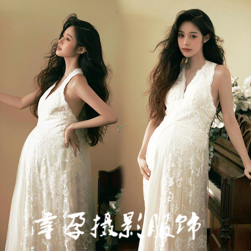 影楼孕妇照服装法式复古轻奢高端婚纱主题高级感孕妈白色礼服写真