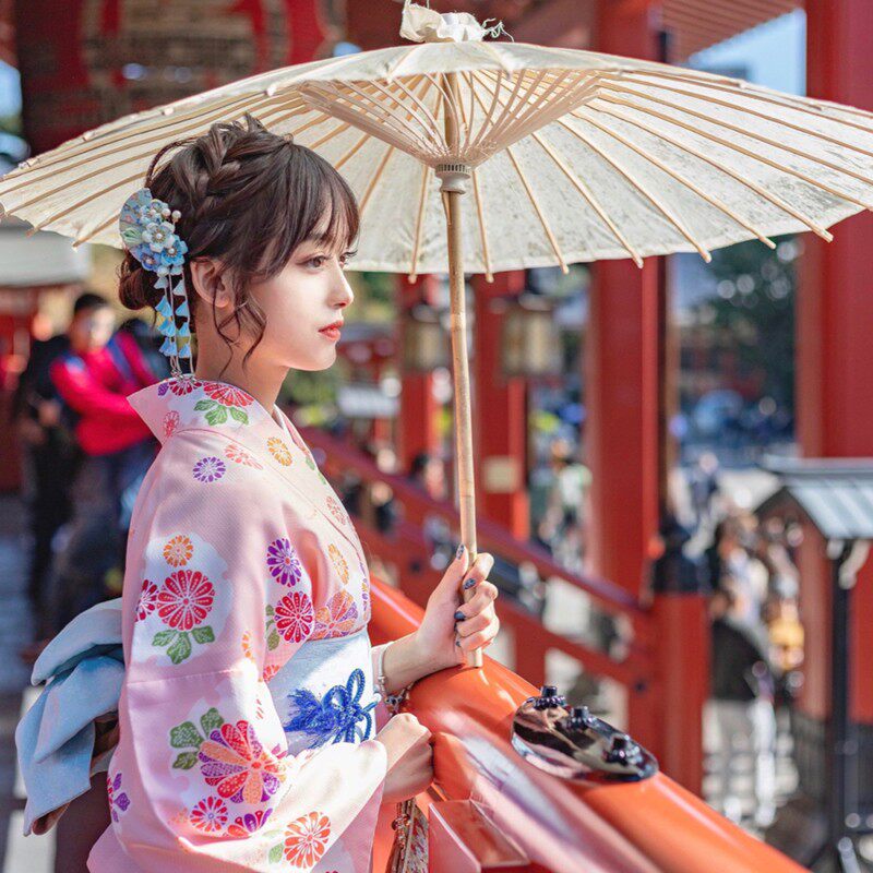 日系改良式和服女正装 粉红日式浴衣适用于神明少女写真摄影服装