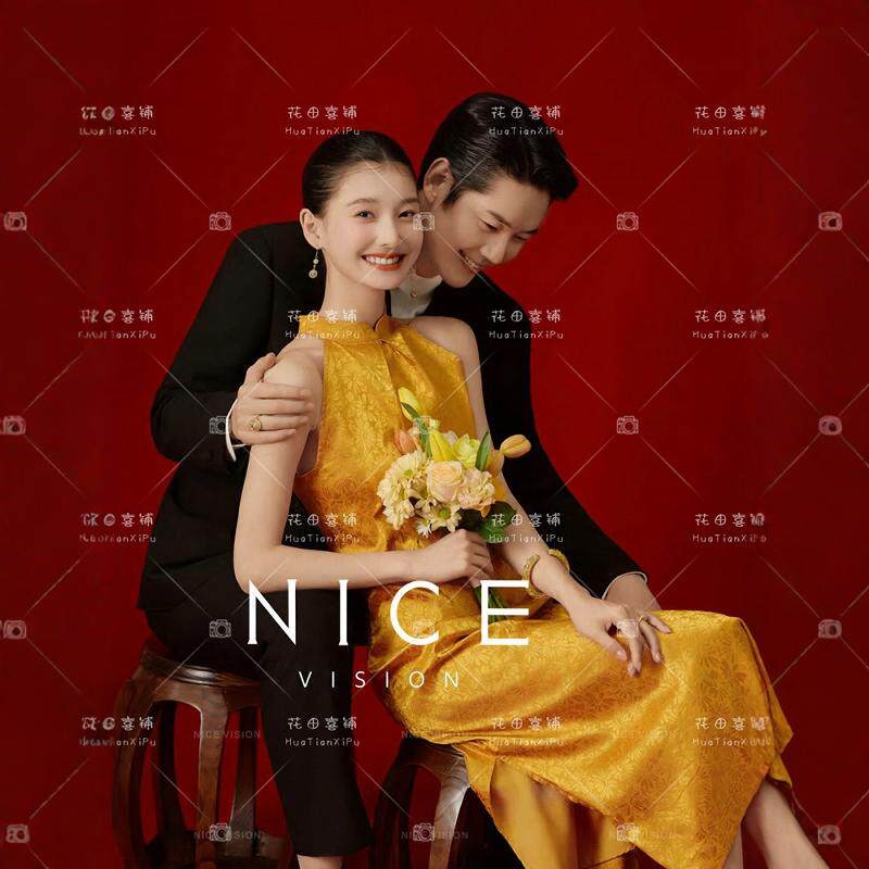 影楼情侣新中式喜嫁风婚纱照黄色旗袍中国风复古新娘晨袍敬酒礼服