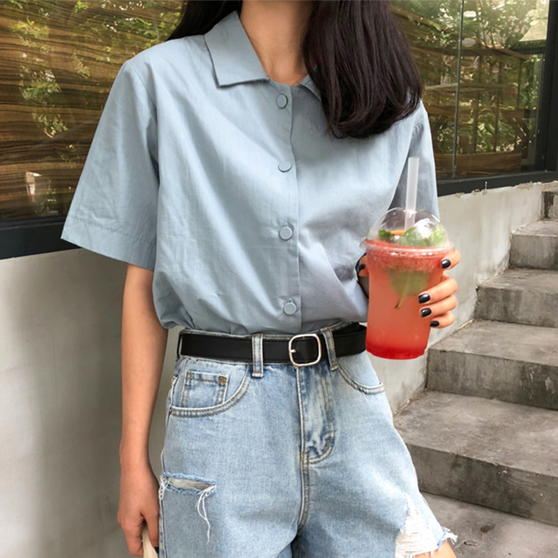 韓版chic學院風純色百搭襯衫上衣女2018夏季寬松顯瘦翻領短袖襯衣