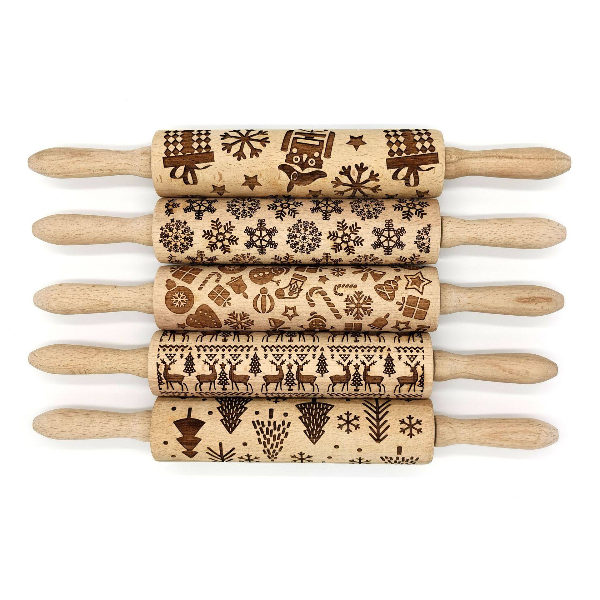 高品质激光印花擀面杖 镭射雕刻擀面棒 圣诞曲奇饼图案花纹面棍