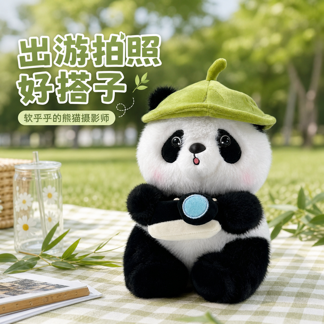 可爱荷叶帽熊猫照相毛绒公仔玩偶