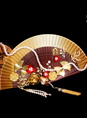 京舟词原创 金色折扇手捧花新娘结婚团扇喜扇手持扇子高级感成品