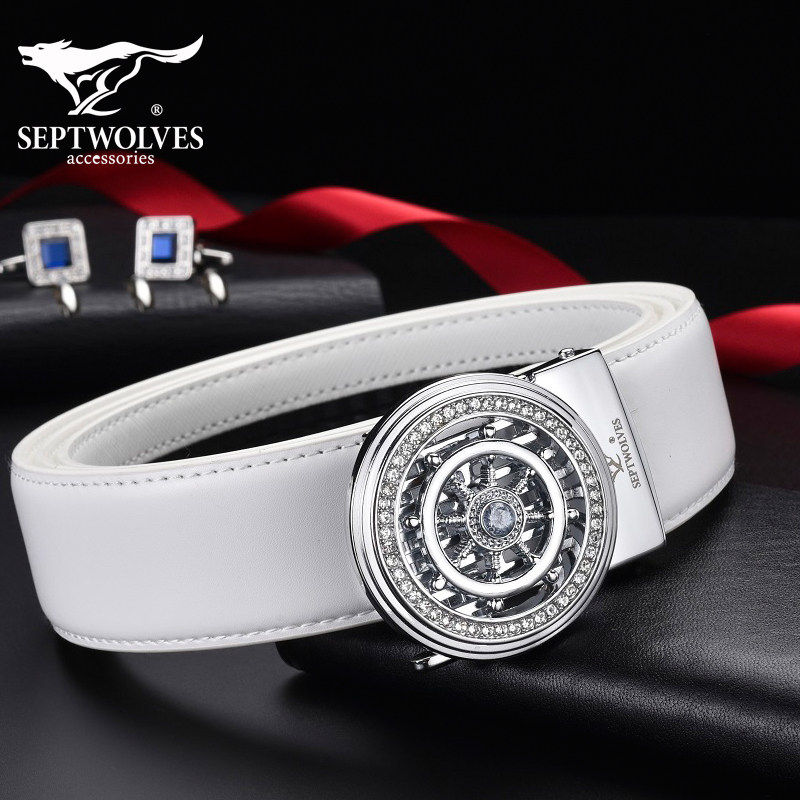 七匹狼白皮带男士潮流自动扣真皮时来运转白色裤腰带高尔夫浅色女