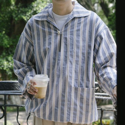 LABSTORE 法式工装复古松弛感V领宽松套头衬衫 Stripe Pullover