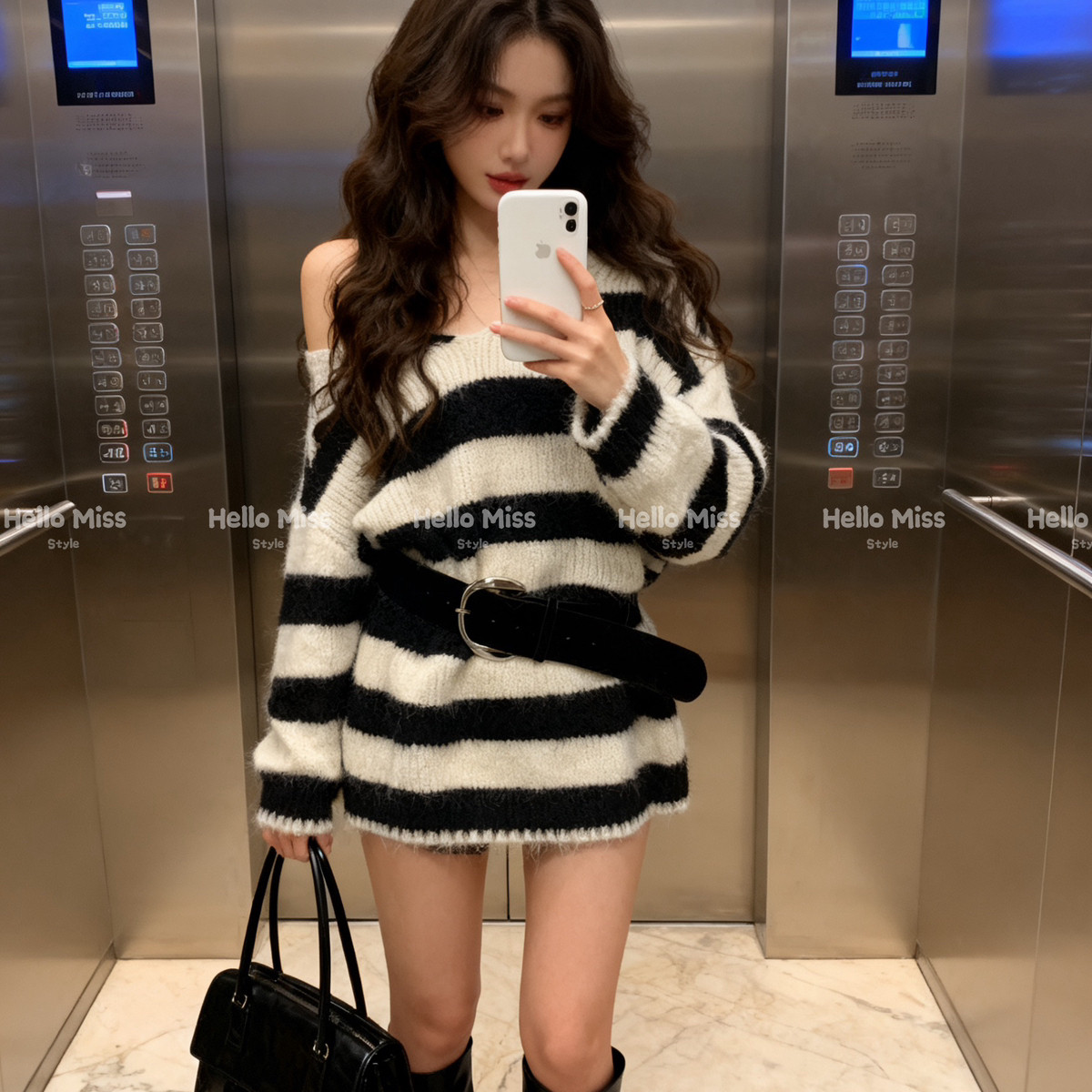 HELLO MISS-纹撞色V领中长款毛衣配腰带黑红保暖毛衣(配腰带)2399