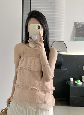 CHERRY樱桃家 STUDIO-度假风吊带压褶网纱蛋卷糕款背心65163