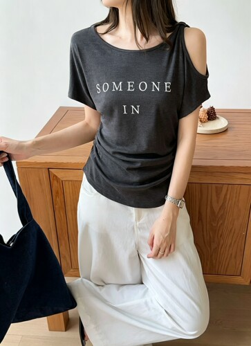 XinmonLee韩版减龄设计感露肩小衫短袖夏季新款斜边百搭显瘦上衣