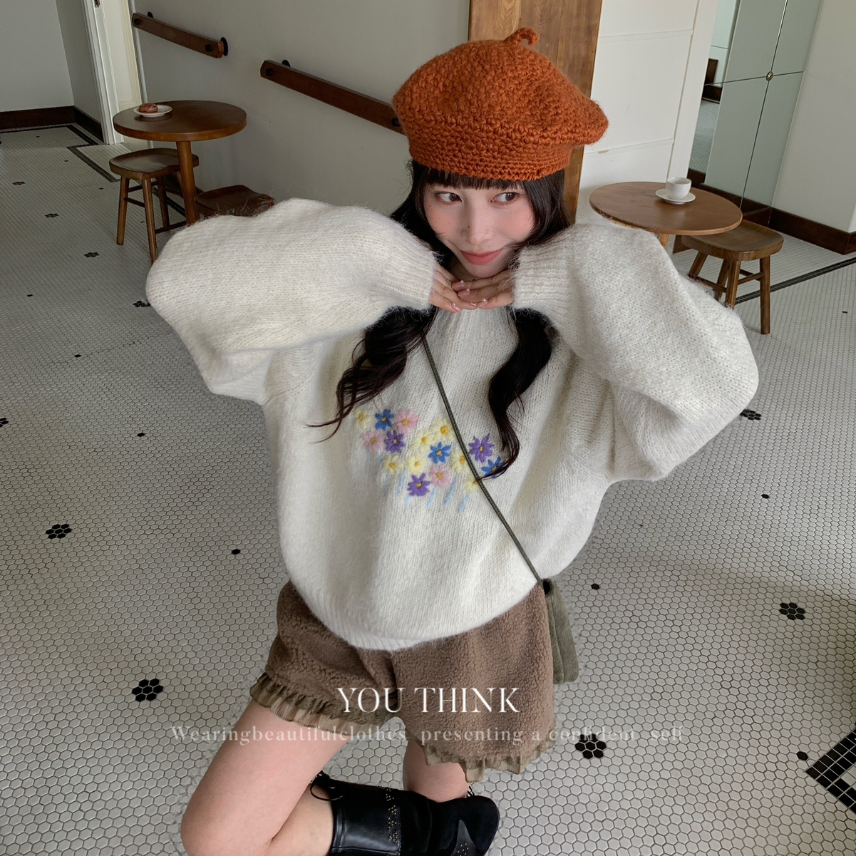 You Think-新韩标ins风时尚立体工艺花朵勾花加厚百搭毛衣YT1395