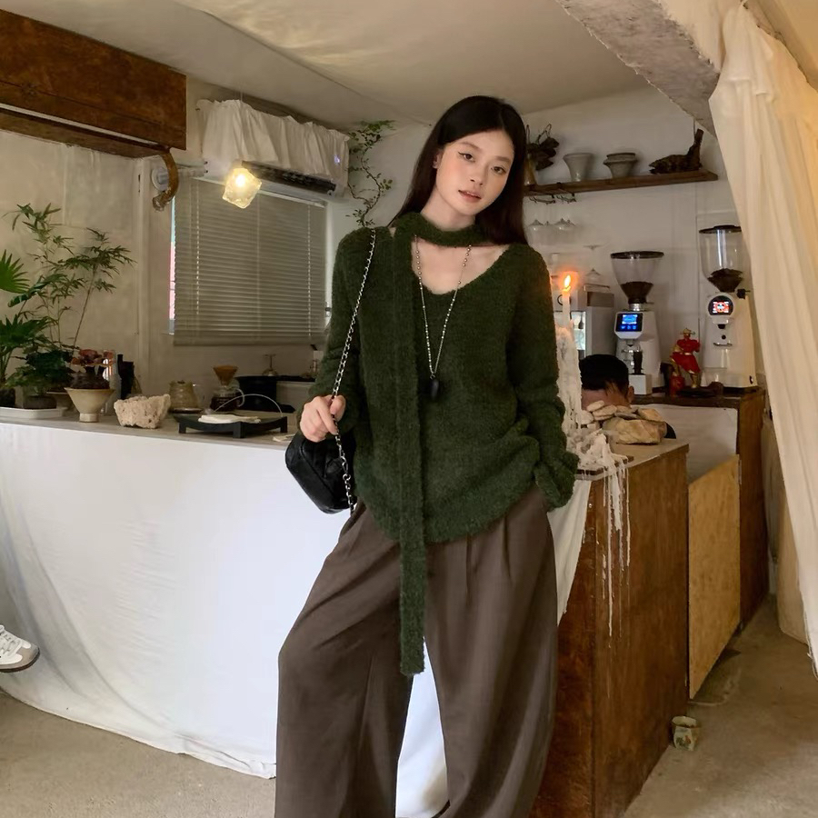 MOST-秋上新复古绿系垂感长袖保暖毛衣(配围脖)828