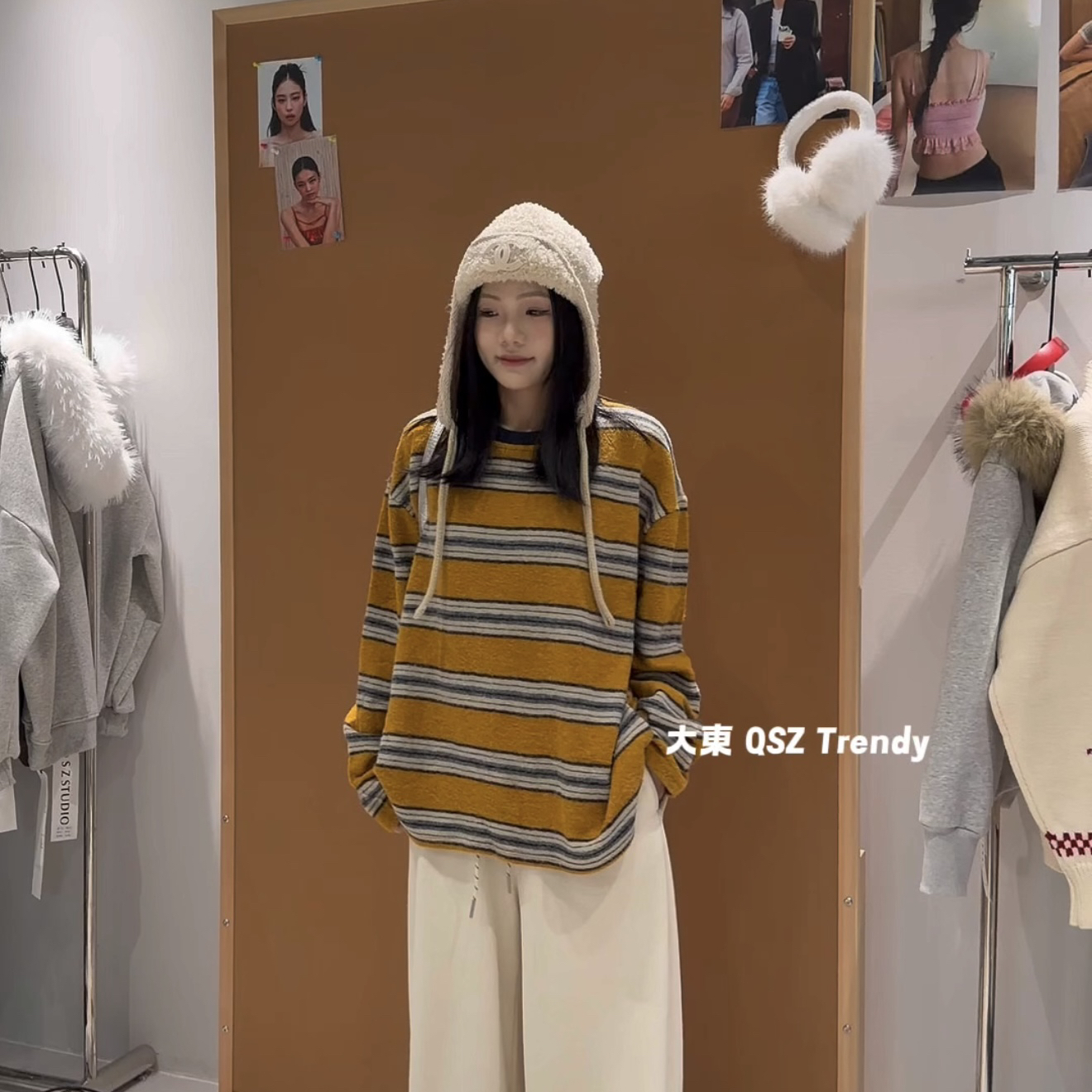 大東DADONG-上新复古黄色仿兔毛绒条纹慵懒风宽松软糯长袖T恤7186