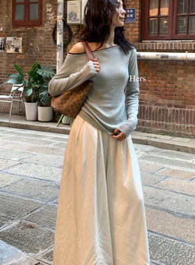 Hers-秋上新气质简约设计感撞色斜肩针织衫92133