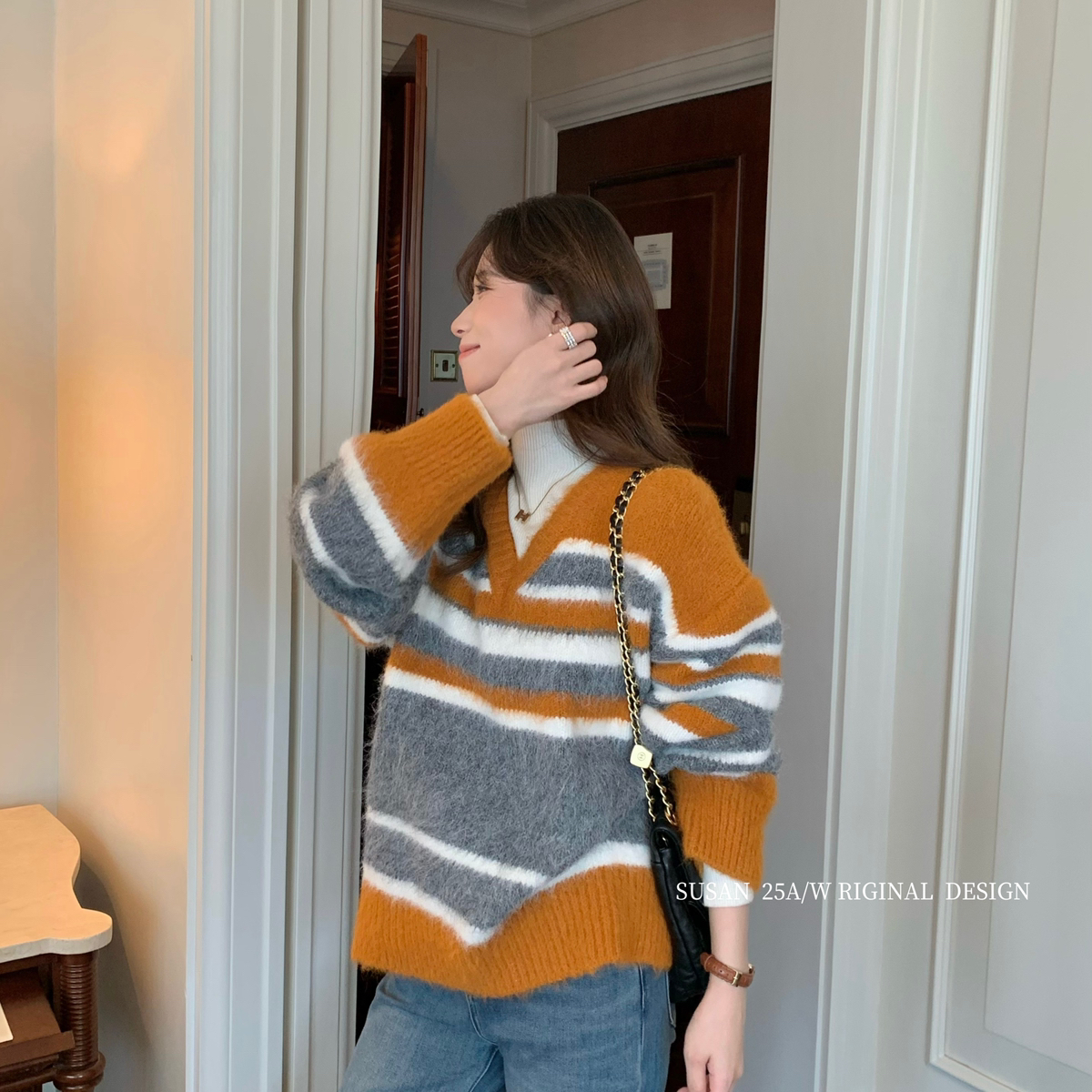 SUSAN-落日暖橘韩系v领撞色条纹气质保暖毛衣2297s