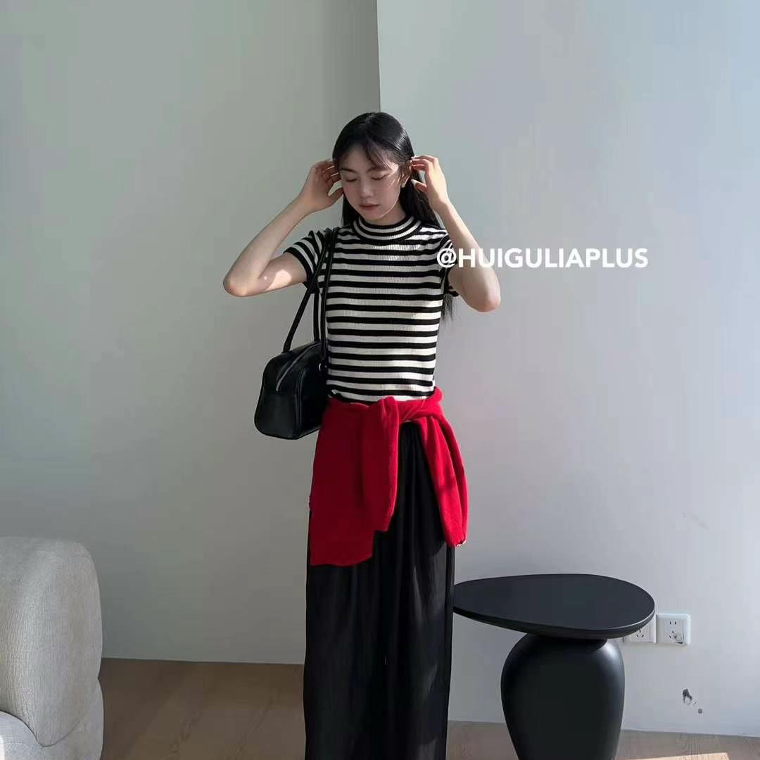 灰姑娘新修身圆领简约通勤显瘦百搭条纹短袖针织衫(含6羊毛)710