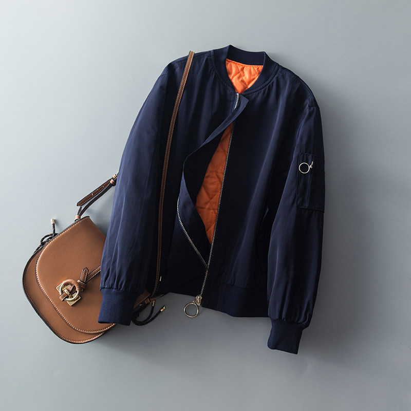 女春秋帅气保暖薄棉飞行服夹克拉链立领加厚夹棉服外套简约棒球服