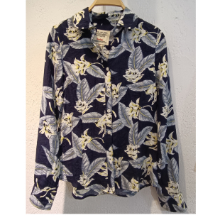 女秋春修身型甜美圆领棉麻长袖韩版衬衣藏青底色衬衫墨色印花上衣