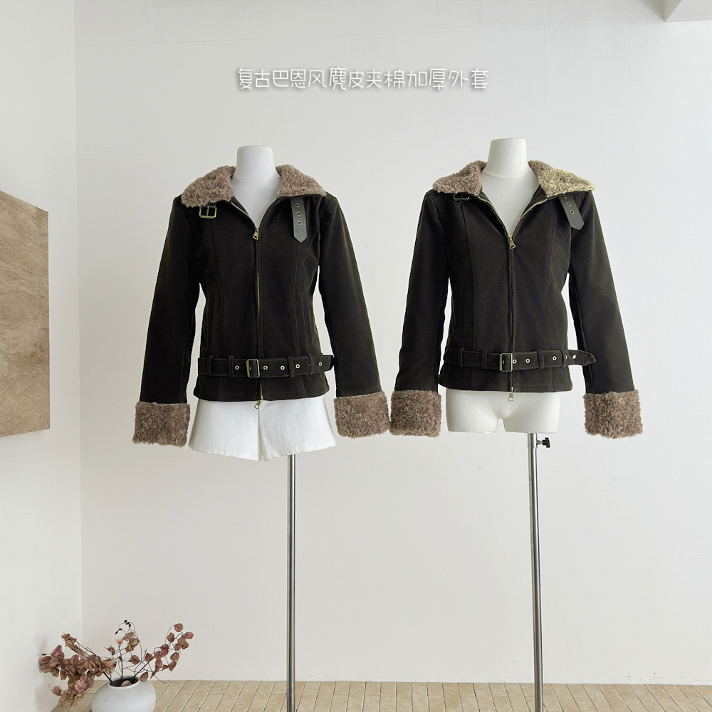 复古巴恩风麂皮夹棉加厚外套女