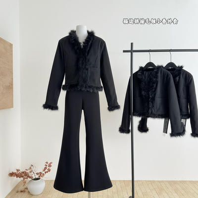 小香风早春毛领垂感裤套装