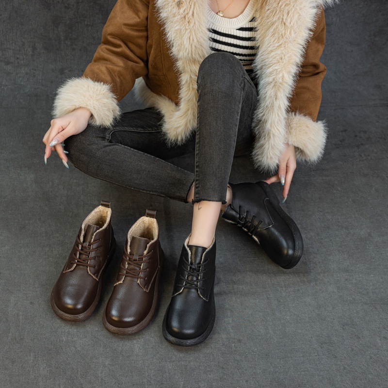 头层牛皮2025秋冬新款复古平底纯色加绒马丁靴高帮休闲百搭女鞋