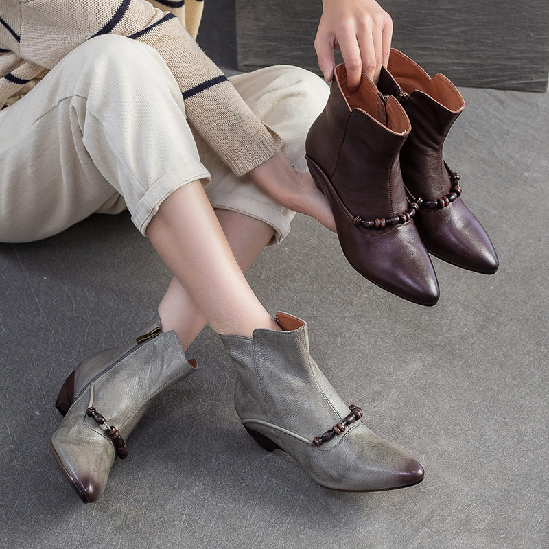 尖头女靴中跟手工擦色短靴2025冬新款美拉德马丁靴时尚短筒单靴子