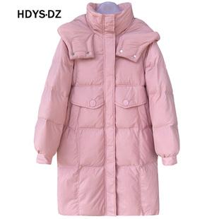 2024新款韩版宽松羽绒服女中长款M扣白搭加厚连帽白鸭绒外套反季