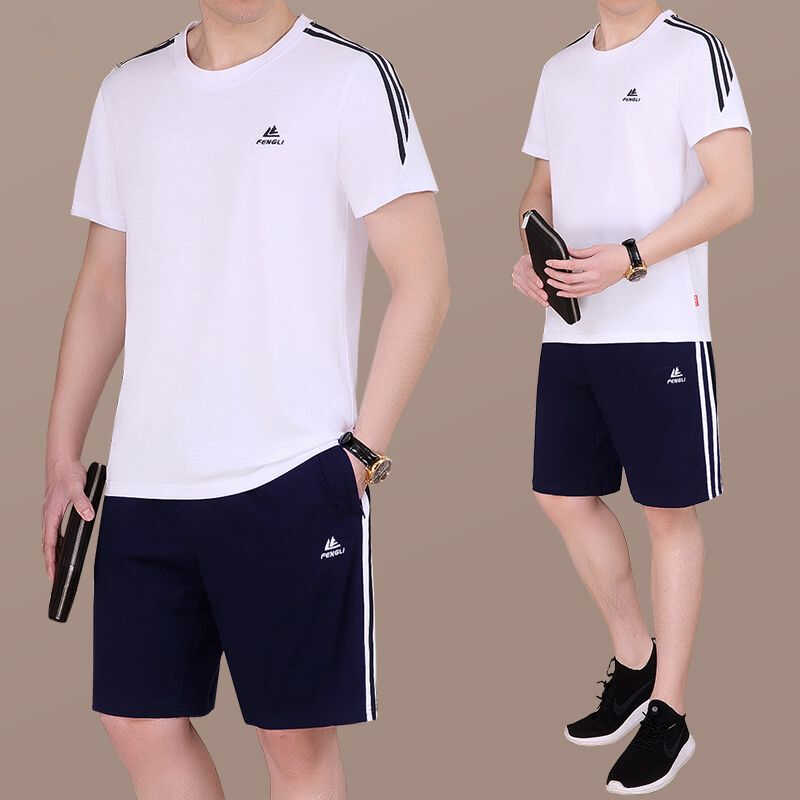 运动套装男夏季短袖短裤跑步休闲运动服薄款圆领中年爸爸夏装套装