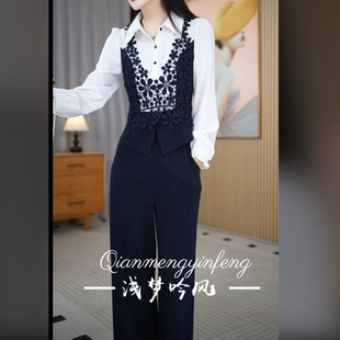 春季新款女士轻奢设计感蕾丝镂空上衣+裤子两件套裤M-4XL