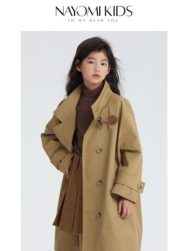 NAYOMI 키즈 윈드 브레이커 자켓 영국 스타일 중간 길이의 혼 버튼 빅 포켓 하이 엔드 가을 자켓