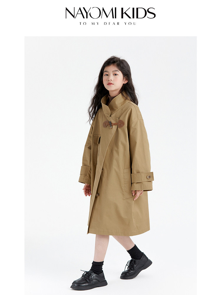 NAYOMI 키즈 윈드 브레이커 자켓 영국 스타일 중간 길이의 혼 버튼 빅 포켓 하이 엔드 가을 자켓