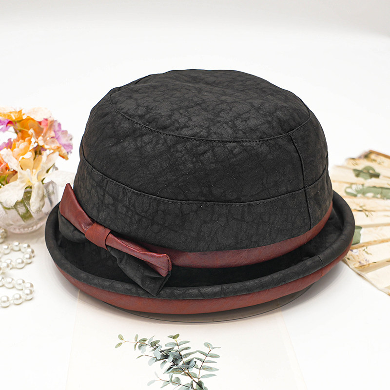 香云纱加绒小礼帽女洋气优雅百搭桑蚕丝蝴蝶结卷边轻奢复古妈妈