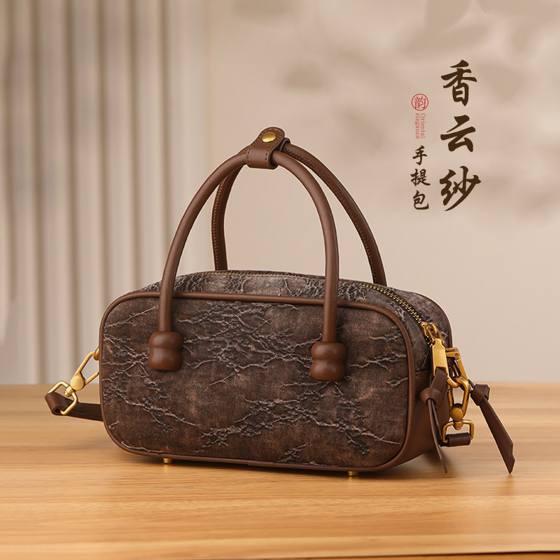 手提包【油丝常青松】香云纱单肩包拼接牛皮真丝桑蚕丝古风新款