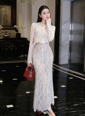 白色蕾丝小香风性感气质显瘦上衣高腰鱼尾半身裙套装两件套女夏