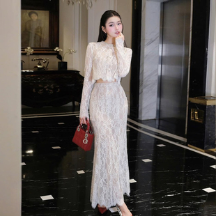 白色蕾丝小香风性感气质显瘦上衣高腰鱼尾半身裙套装 两件套女夏