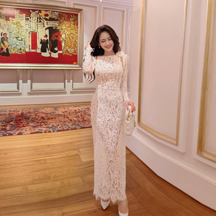 蕾丝高级感长袖轻奢御姐名媛镂空修身显瘦法式钩花连衣裙2026新款