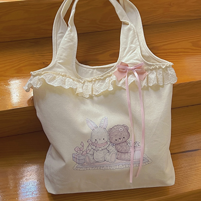 原创可爱甜美少女心蕾丝花边帆布包大容量单肩包女学生装书手提袋