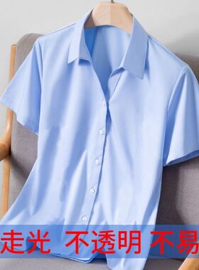 V领蓝色衬衫女短袖修身显瘦衬衣简约正装大码职业ol气质工服酒店